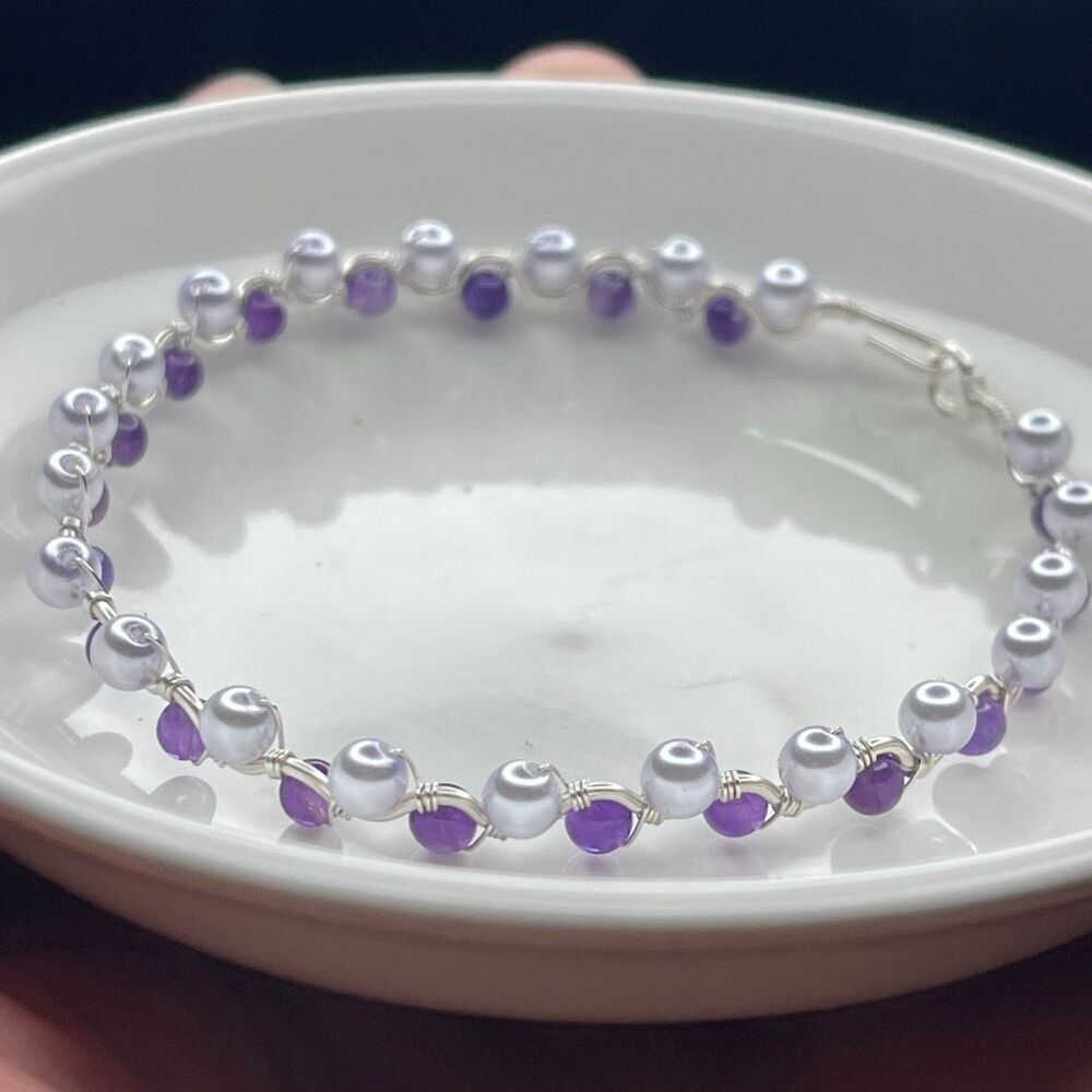 Rebekah bangle bracelet 8” silver copper core lavender purple shell beads pearls